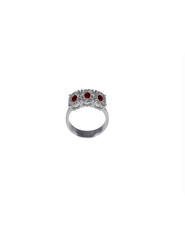 Anello trilogy oro bianco rubini e diamanti TRF06R