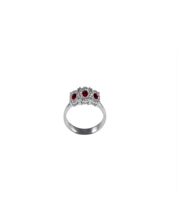 Anello trilogy oro bianco rubini e diamanti TRF454R